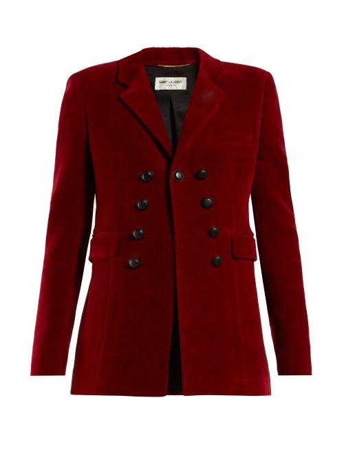 Matchesfashion.com Saint Laurent - Brooch Embellished Double Breasted Velvet Blazer - Womens - Burgundy
