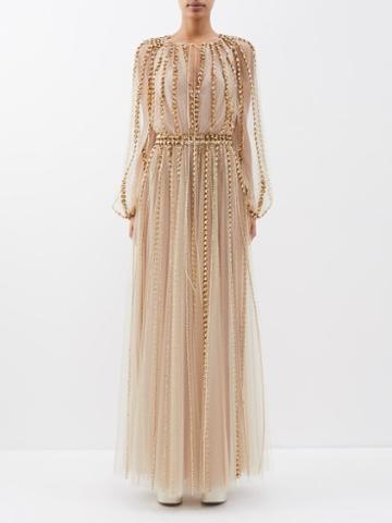 Valentino - Pearl And Sequin-embellished Tulle Gown - Womens - Gold