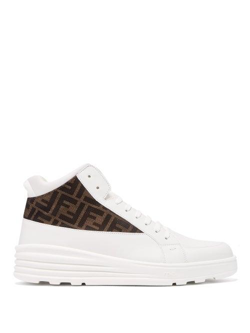 Matchesfashion.com Fendi - Ff-jacquard High-top Leather Trainers - Mens - White Multi