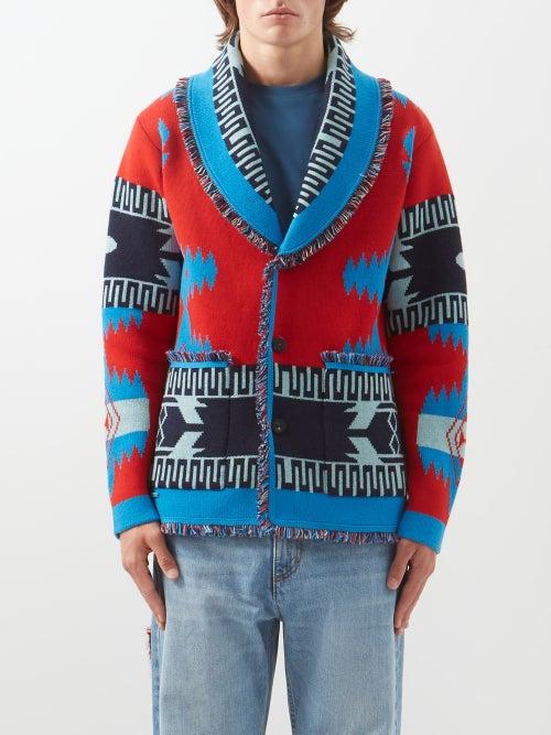 Alanui - Shawl-collar Geometric-jacquard Cashmere Cardigan - Mens - Red Multi