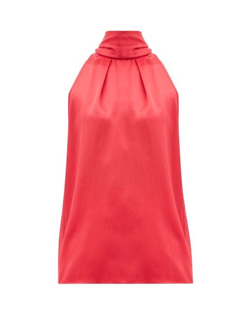 Matchesfashion.com Saloni - Michelle Halterneck Hammered Silk-satin Top - Womens - Red