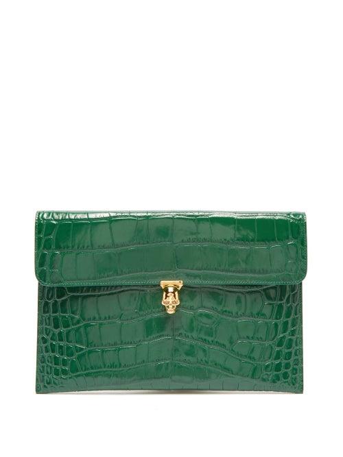 Matchesfashion.com Alexander Mcqueen - Skull Crocodile Embossed Leather Envelope Pouch - Womens - Green