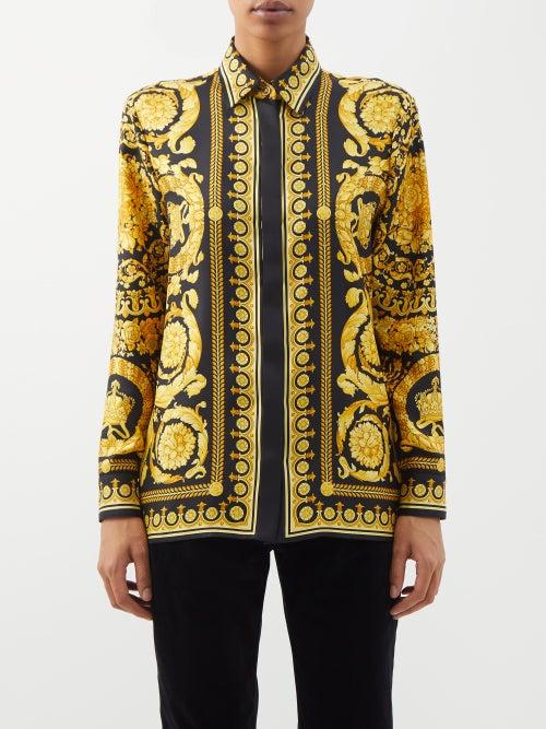 Versace - Baroque-print Silk-twill Shirt - Womens - Yellow Black