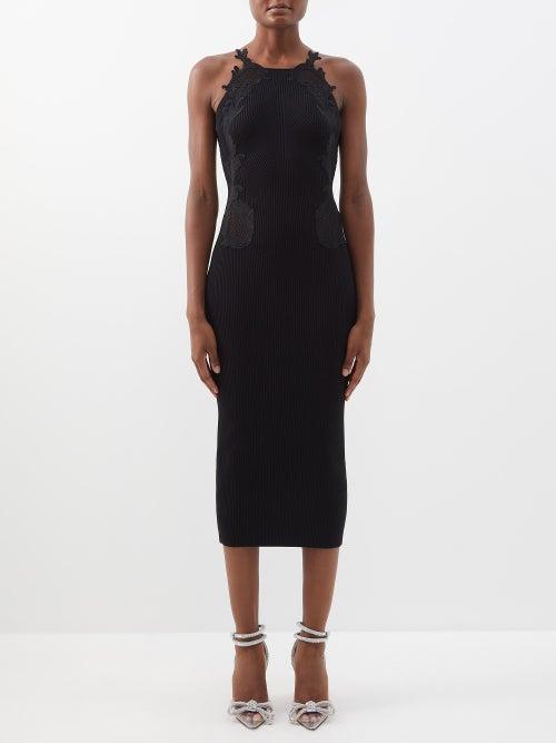 Self-portrait - Lace-insert Ribbed-knit Dress - Womens - Black