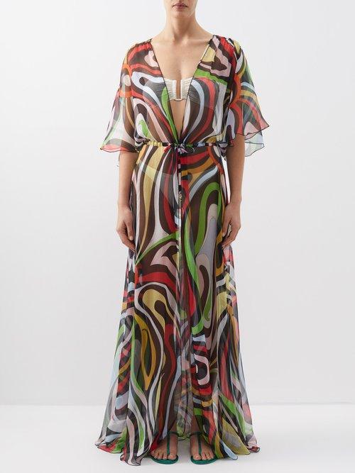 Pucci - Marmo-print Silk Kaftan - Womens - Black Multi