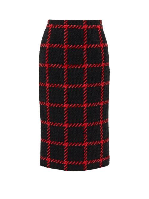 Matchesfashion.com Alessandra Rich - High-rise Checked Tweed Pencil Skirt - Womens - Black Red