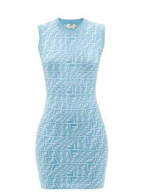 Ladies Rtw Fendi - Ff Vertigo-jacquard Knit Mini Dress - Womens - Blue