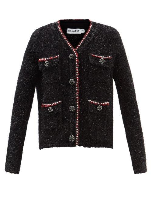 Self-portrait - Tweed-effect Metallic Knitted Cardigan - Womens - Black