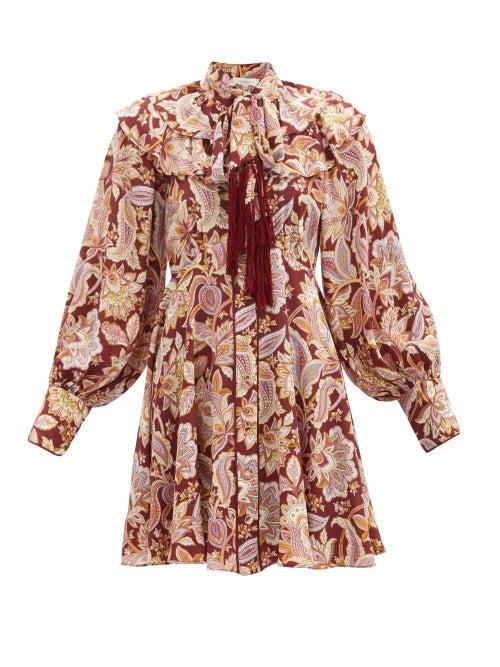 Matchesfashion.com Zimmermann - Charm Fringed Paisley-print Silk Mini Dress - Womens - Red Multi