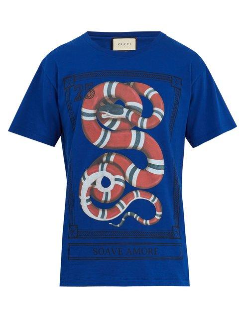 Matchesfashion.com Gucci - Snake Print Cotton Jersey T Shirt - Mens - Blue Multi
