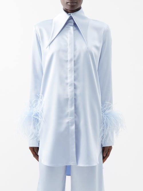 16arlington - Feather-trim Satin Shirt - Womens - Light Blue
