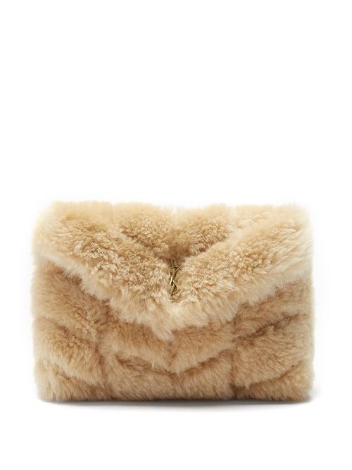Saint Laurent - Puffer Ysl-logo Padded Shearling Clutch Bag - Womens - Beige