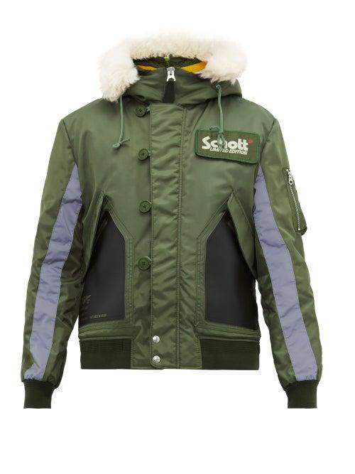 Matchesfashion.com Schott - Leather Panelled Hooded Bomber Jacket - Mens - Green Multi