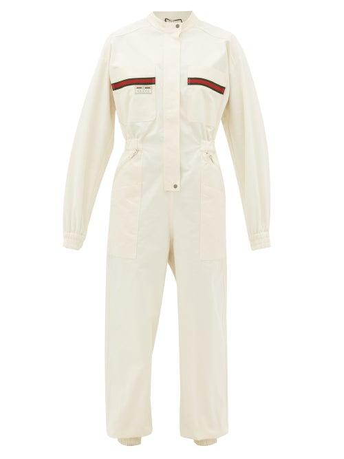 Matchesfashion.com Gucci - Le Rose Di Eliogabalo Web-stripe Cotton Jumpsuit - Womens - Ivory Multi