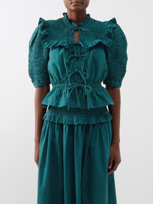 Sea - Casey Smocked-bib Cotton Blouse - Womens - Dark Green