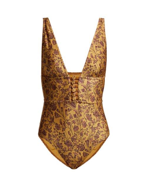 Matchesfashion.com Zimmermann - Juniper Button Front Swimsuit - Womens - Gold Multi