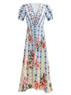 Saloni - Lea Floral-print Silk-crepe Dress - Womens - White/blue