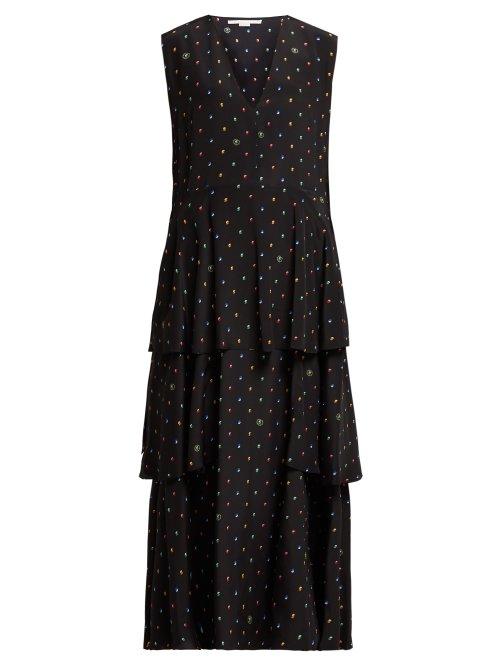 Matchesfashion.com Stella Mccartney - Dot Print Tiered Silk Dress - Womens - Navy Multi
