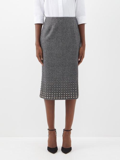 Erdem - Janet Beaded Wool-twill Midi Skirt - Womens - Grey