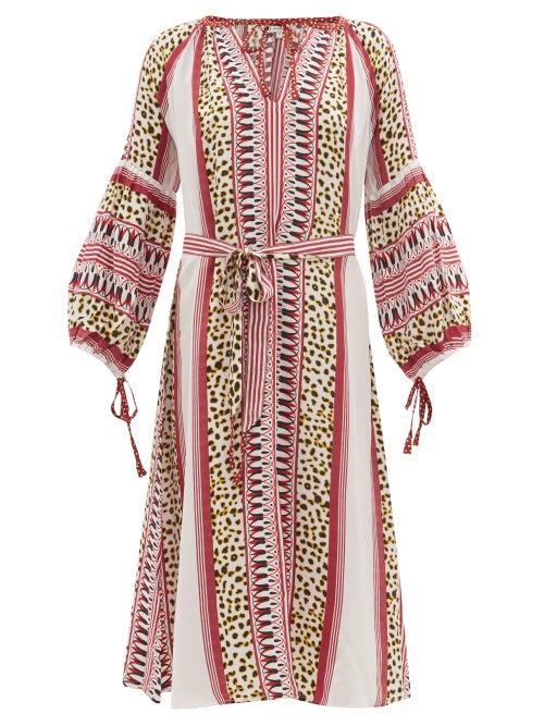 Matchesfashion.com D'ascoli - Maddy Striped And Leopard-print Silk Dress - Womens - Red Print