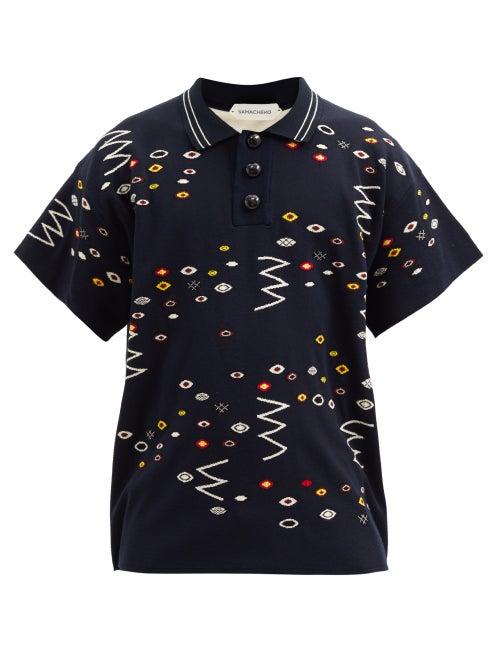 Matchesfashion.com Namacheko - Snckorna Abstract-jacquard Knitted Polo Shirt - Mens - Navy