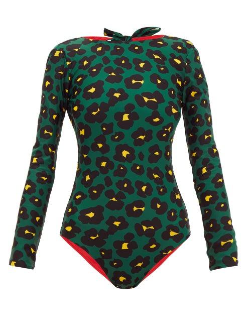 Matchesfashion.com La Doublej - Long-sleeved Flower Leopard-print Surf Swimsuit - Womens - Green Print