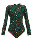 Matchesfashion.com La Doublej - Long-sleeved Flower Leopard-print Surf Swimsuit - Womens - Green Print