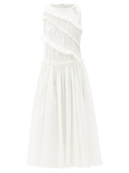 Matchesfashion.com Aje - Ruffled Linen-blend Midi Dress - Womens - White