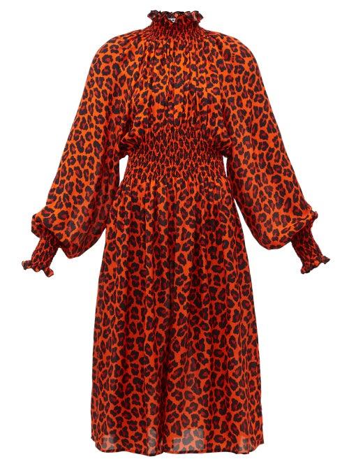 Matchesfashion.com Msgm - Leopard Print Shirred Midi Dress - Womens - Orange