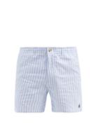 Matchesfashion.com Polo Ralph Lauren - Striped Logo-embroidered Cotton-oxford Shorts - Mens - Light Blue