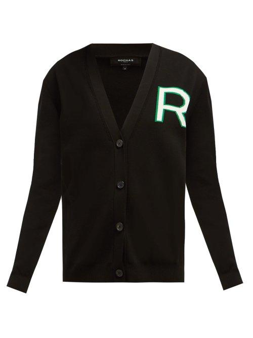 Matchesfashion.com Rochas - Logo Intarsia Knitted Cotton Cardigan - Womens - Black