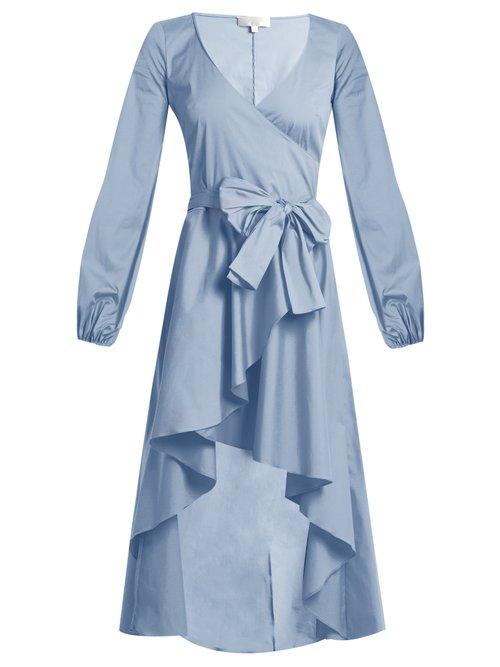 Matchesfashion.com Caroline Constas - Lena Asymmetric Hem Cotton Blend Wrap Dress - Womens - Blue