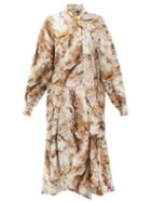 Matchesfashion.com Petar Petrov - Andrea Fox Fur-print Pussy-bow Silk-twill Dress - Womens - Gold