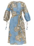 D'ascoli - Kyra Paisley-print Cotton-khadi Dress - Womens - Blue Print