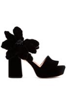 Rochas Abigail Flower-appliqu Platform Velvet Sandals