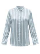 Ladies Lingerie Asceno - London Striped Sandwashed-silk Pyjama Shirt - Womens - Blue Stripe