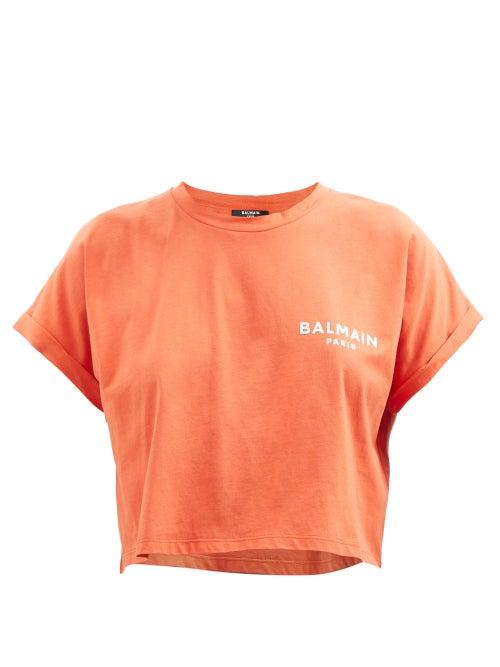 Balmain - Logo-print Organic-cotton Jersey Cropped T-shirt - Womens - Orange