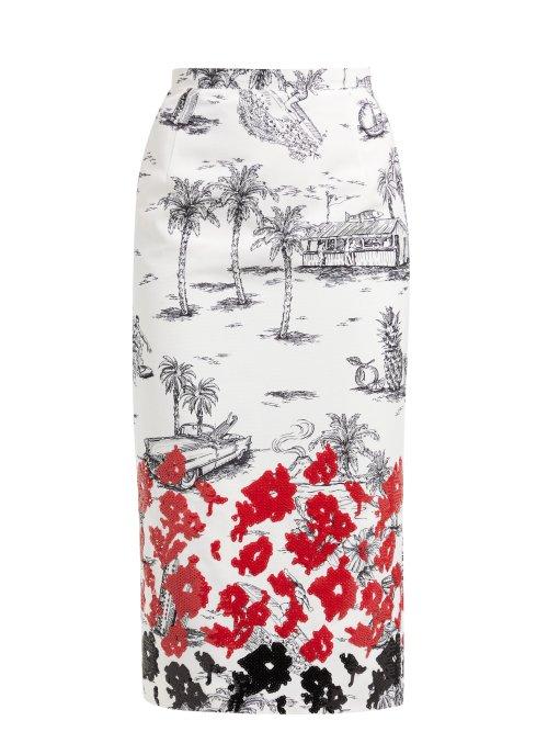 Matchesfashion.com No. 21 - Palm Print Sequinned Twill Pencil Skirt - Womens - White Multi