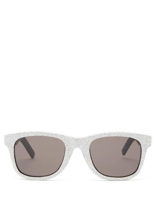 Matchesfashion.com Saint Laurent - Glittered Square Leather Sunglasses - Womens - Silver