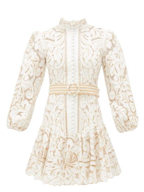 Matchesfashion.com Zimmermann - Edie Floral Embroidered Linen-blend Mini Dress - Womens - Ivory