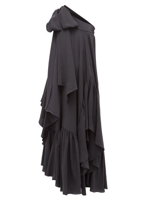 Matchesfashion.com Rochas - One-shoulder Asymmetric Ruffled Silk Gown - Womens - Black