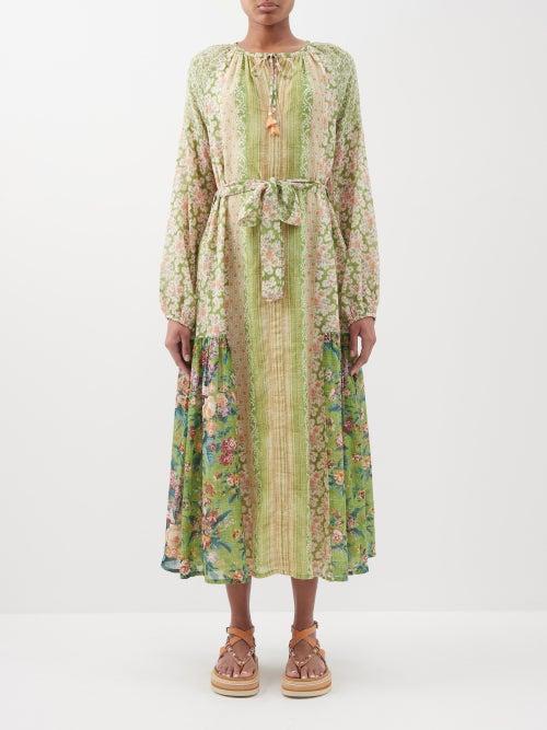 D'ascoli - Juliette Tie-neck Floral Silk-khadi Midi Dress - Womens - Green Multi