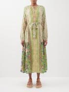 D'ascoli - Juliette Tie-neck Floral Silk-khadi Midi Dress - Womens - Green Multi