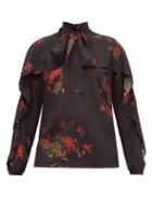 Matchesfashion.com Redvalentino - Ruffled Floral Print Pussy Bow Crepe Blouse - Womens - Black Multi