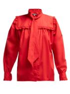 Matchesfashion.com Alexachung - Frill Trimmed Pussy Bow Cotton Blouse - Womens - Red