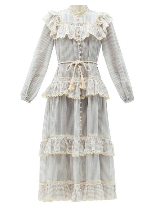 Matchesfashion.com Zimmermann - Aliane Belted Striped Voile Midi Dress - Womens - Light Blue