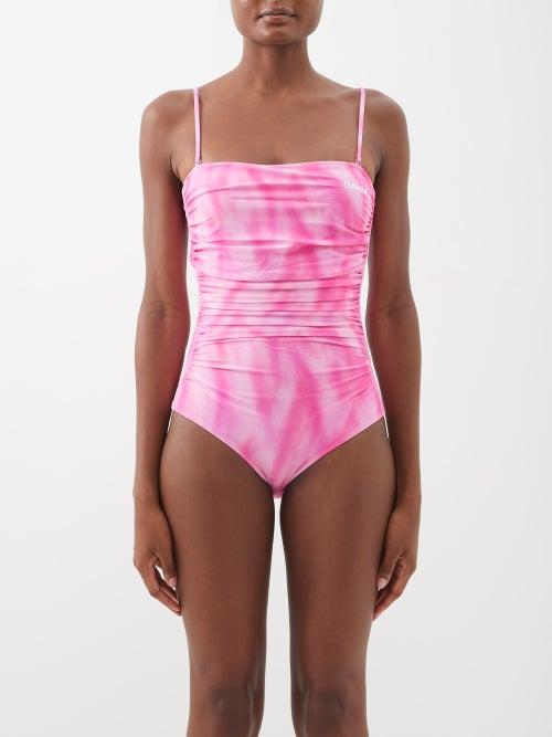 Ganni - Ruched Printed Recycled-fibre Blend Swimsuit - Womens - Pink Print