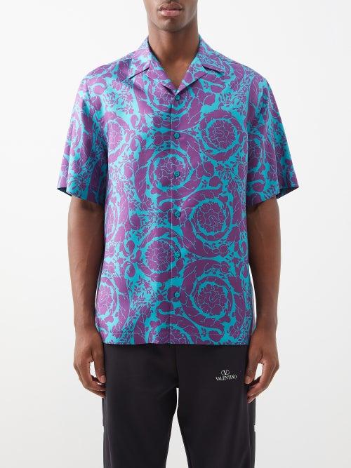 Versace - Baroque Stamp-print Silk Short-sleeved Shirt - Mens - Purple Blue
