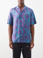 Versace - Baroque Stamp-print Silk Short-sleeved Shirt - Mens - Purple Blue