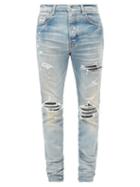Matchesfashion.com Amiri - Mx1 Distressed Leather-panelled Slim-leg Jeans - Mens - Blue